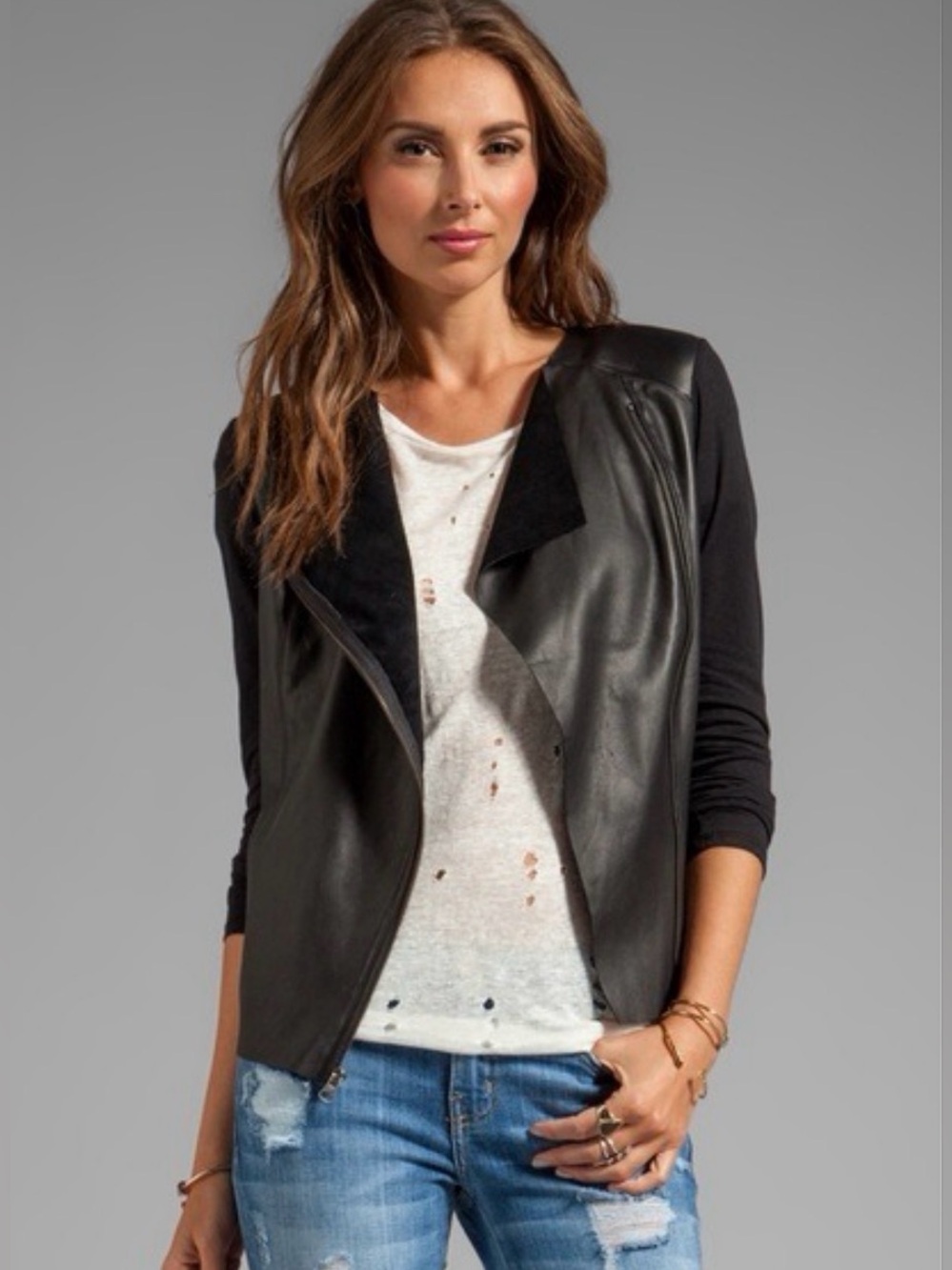 Michael Stars Black Asymmetric Zip Leather-Front Jacket Size Large